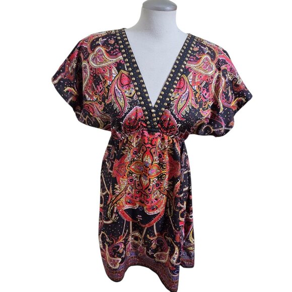 ANGIE Womens L Babydoll Tunic Top Paisley Studs Boho Peasant Flowy V Neck Artsy - Picture 2 of 8